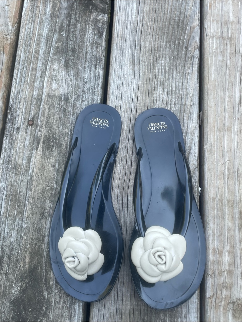 Frances Valentine black  Jelly Sandals with Cream Rose Accent